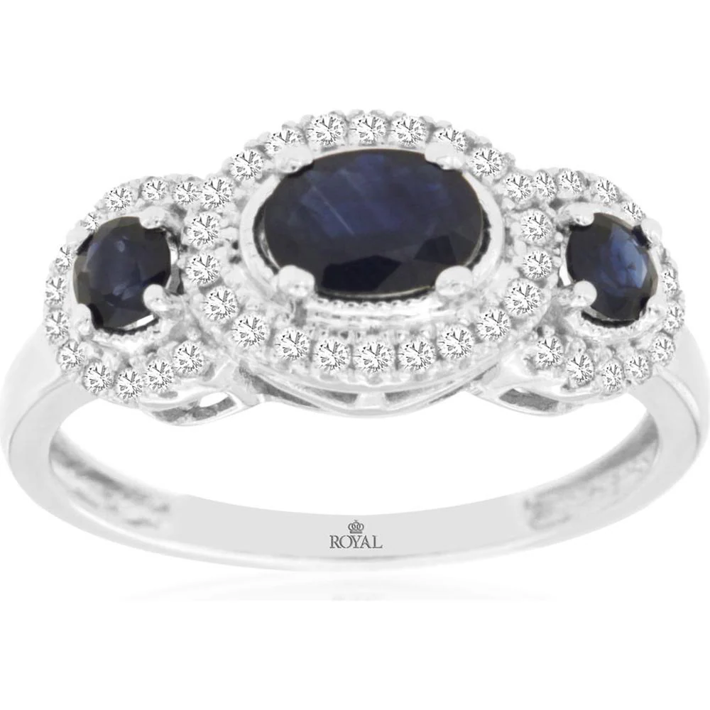 14K White Gold Three-Stone Oval Sapphire Ring with Diamond Halos - 1.23 Carat Total Sapphire Weight - Royal Jewelry
