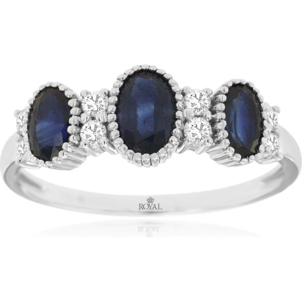 14K White Gold Three-Stone Oval Sapphire Ring with Milgrain Detail and Diamond Accents - 1.40 Carat Total Sapphire Weight, 0.16 Carat Total Diamond Weight - Royal Jewelry