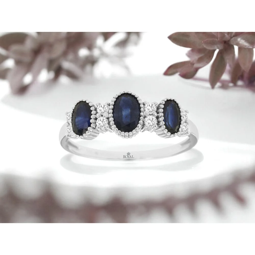 14K White Gold Three-Stone Oval Sapphire Ring with Milgrain Detail and Diamond Accents - 1.40 Carat Total Sapphire Weight, 0.16 Carat Total Diamond Weight - Royal Jewelry - Image 2