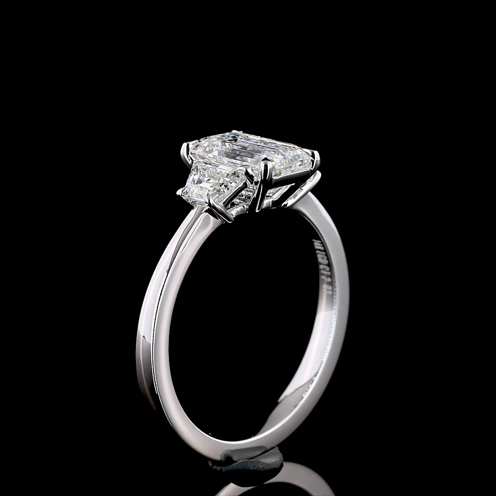 14K White Gold Three Stone Ring with 1.03 Carats Emerald Cut Lab Diamond and 0.40 Carats Trapezoid Cut Side Stones - 1.43 Carats Total Diamond Weight - Covaloro Fine Jewelry - Image 4