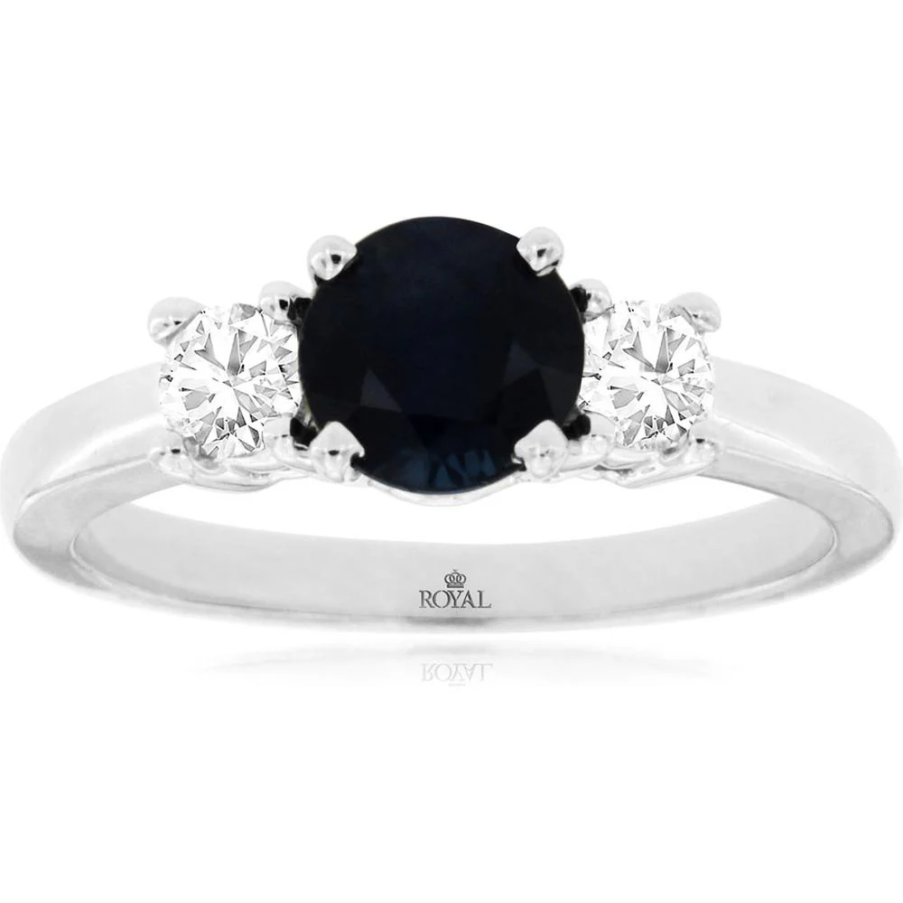 14K White Gold Three Stone Ring with 1.10 Carat Round Sapphire and 0.30 Carat Round Diamonds - Royal Jewelry
