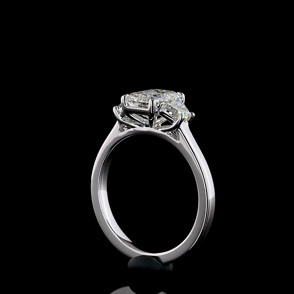 14K White Gold Three Stone Ring with 1.27 Carat Emerald Cut Lab Diamond and 0.50 Carat Trapezoid Side Stones - 1.77 Carat Total Diamond Weight D VVS1 IGI Certified - Covaloro Fine Jewelry - Image 3