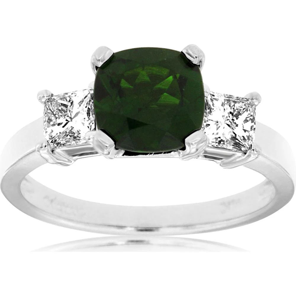 14K White Gold Three Stone Ring with 1.40 Carat Cushion Cut Russalite and 0.70 Carat Diamond Side Stones - Royal Jewelry
