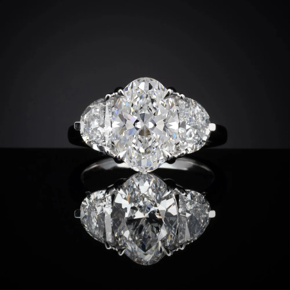 14K White Gold Three Stone Ring with 1.52 Carat Oval Lab Diamond and 0.56 Carat Half-Moon Side Stones - 2.08 Carat Total Diamond Weight - Covaloro Fine Jewelry