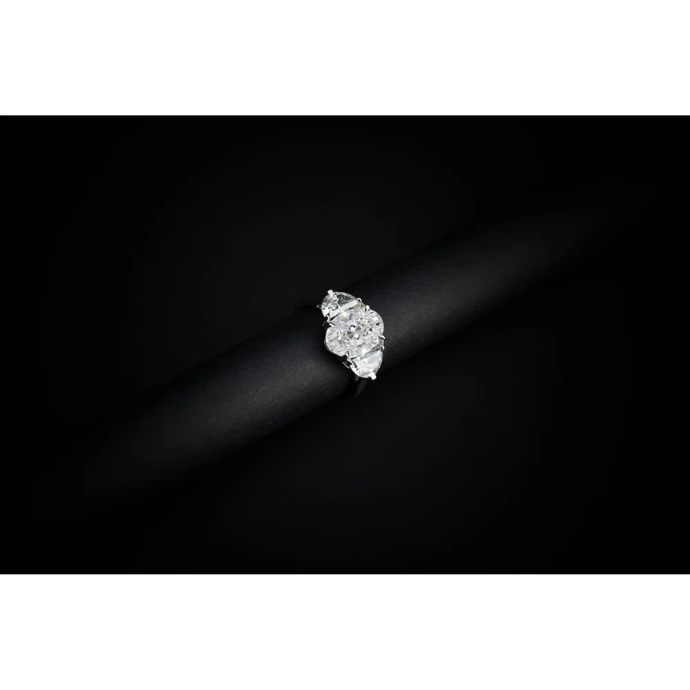 14K White Gold Three Stone Ring with 1.52 Carat Oval Lab Diamond and 0.56 Carat Half-Moon Side Stones - 2.08 Carat Total Diamond Weight - Covaloro Fine Jewelry - Image 3