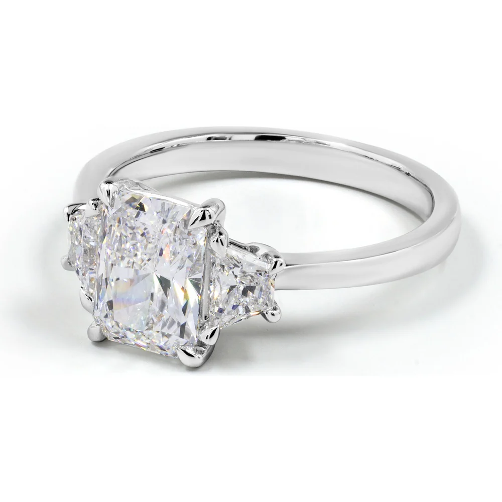 14K White Gold Three-Stone Ring with 1.57 Carat Radiant Cut Lab Diamond and Trapezoid Side Stones - 2.06 Carat Total Diamond Weight - Covaloro Fine Jewelry - Image 2