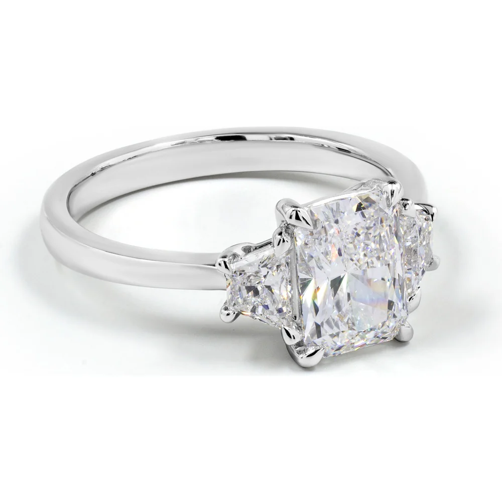 14K White Gold Three-Stone Ring with 1.57 Carat Radiant Cut Lab Diamond and Trapezoid Side Stones - 2.06 Carat Total Diamond Weight - Covaloro Fine Jewelry - Image 4