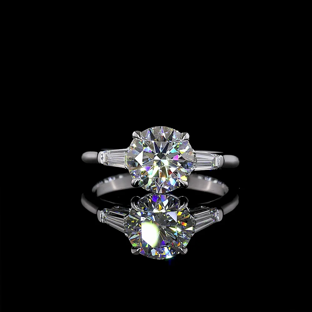 14K White Gold Three-Stone Ring with 2.00 Carats Round Brilliant Lab Diamond and 0.38 Carats Baguette Side Stones - Total 2.38 Carats, IGI Certified D VVS2 - Covaloro Fine Jewelry