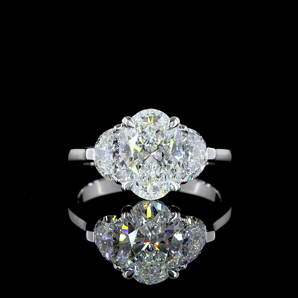14K White Gold Three Stone Ring with 2.02 Carat Oval and 0.83 Carat Half-Moon Lab Diamonds - 2.85 Carat Total Weight - Covaloro Fine Jewelry