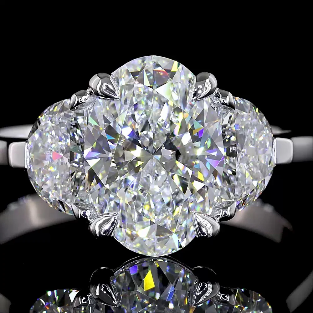14K White Gold Three Stone Ring with 2.02 Carat Oval and 0.83 Carat Half-Moon Lab Diamonds - 2.85 Carat Total Weight - Covaloro Fine Jewelry - Image 2