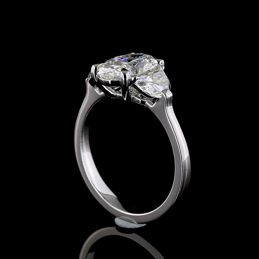 14K White Gold Three Stone Ring with 2.02 Carat Oval and 0.83 Carat Half-Moon Lab Diamonds - 2.85 Carat Total Weight - Covaloro Fine Jewelry - Image 3