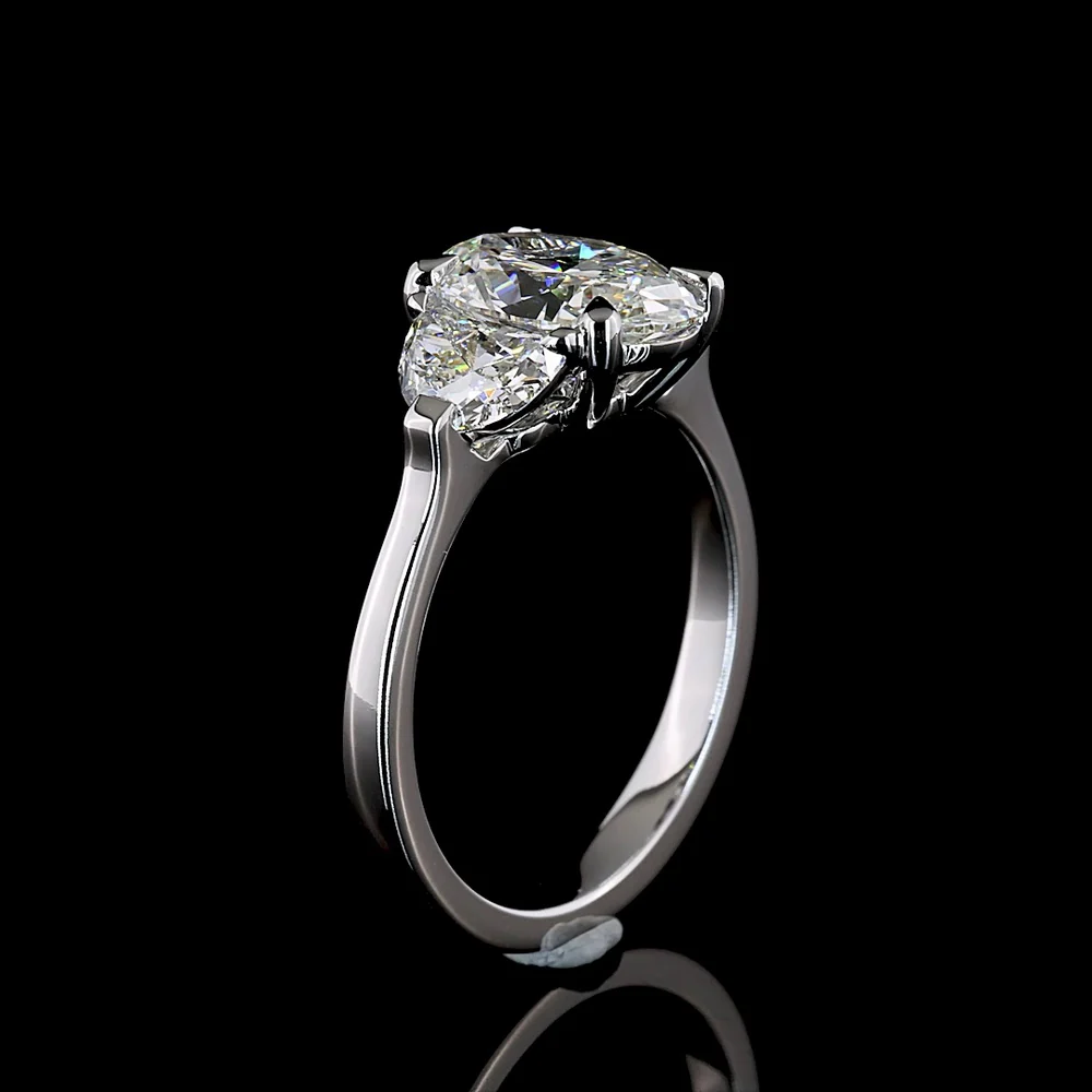 14K White Gold Three Stone Ring with 2.02 Carat Oval and 0.83 Carat Half-Moon Lab Diamonds - 2.85 Carat Total Weight - Covaloro Fine Jewelry - Image 4
