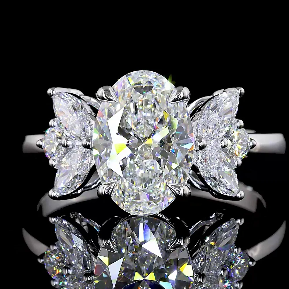 14K White Gold Three-Stone Ring with 2.03 Carats Oval Lab Diamond, Marquise and Round Side Stones - 2.62 Carats Total Diamond Weight - Covaloro Fine Jewelry - Image 2