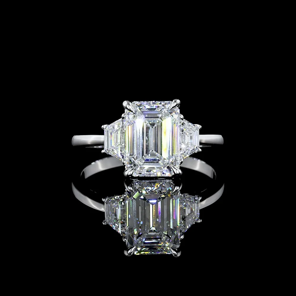 14K White Gold Three Stone Ring with 2.13 Carat Emerald Cut Lab Diamond and 0.66 Carat Trapezoid Cut Lab Diamonds - GIA Certified D VVS2 - 2.79 Carat Total Weight - Covaloro Fine Jewelry
