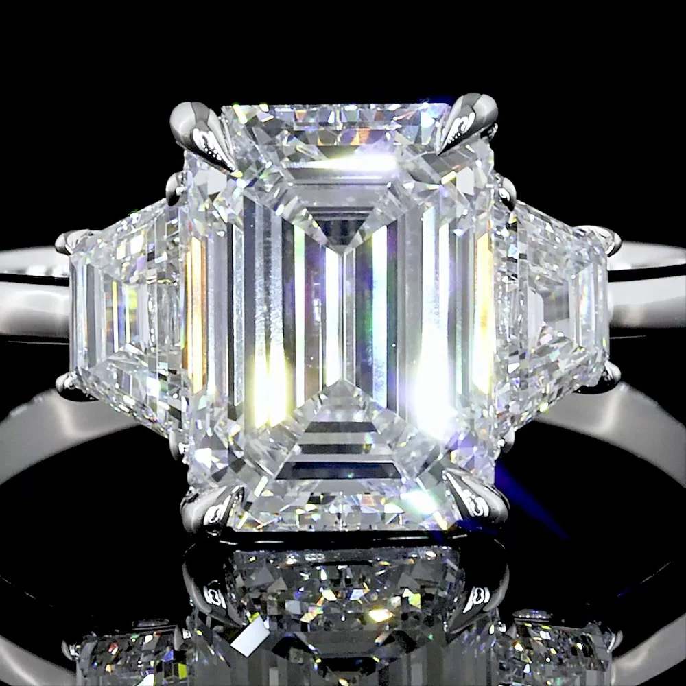 14K White Gold Three Stone Ring with 2.13 Carat Emerald Cut Lab Diamond and 0.66 Carat Trapezoid Cut Lab Diamonds - GIA Certified D VVS2 - 2.79 Carat Total Weight - Covaloro Fine Jewelry - Image 3