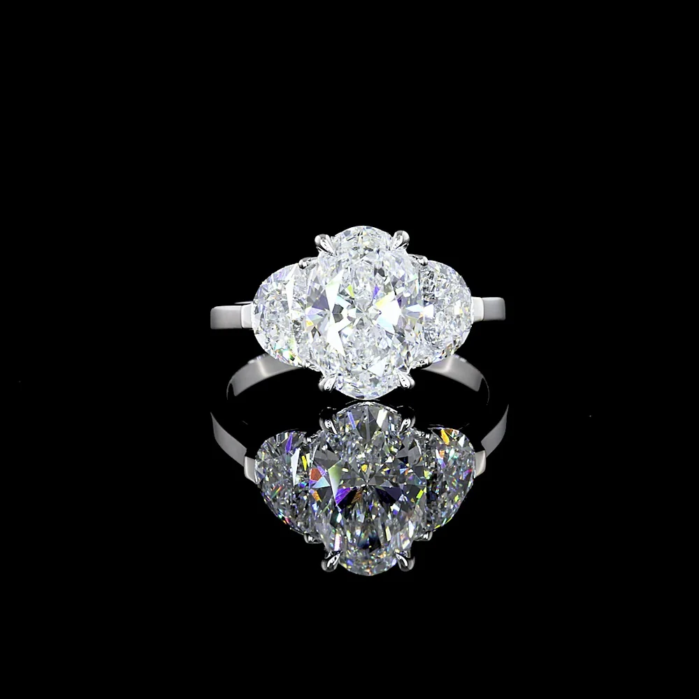 14K White Gold Three Stone Ring with 2.14 Carat Oval Lab Diamond and Half-Moon Side Diamonds (Total 2.94 Carats) - GIA Certified E VS1 - Covaloro Fine Jewelry - Image 3