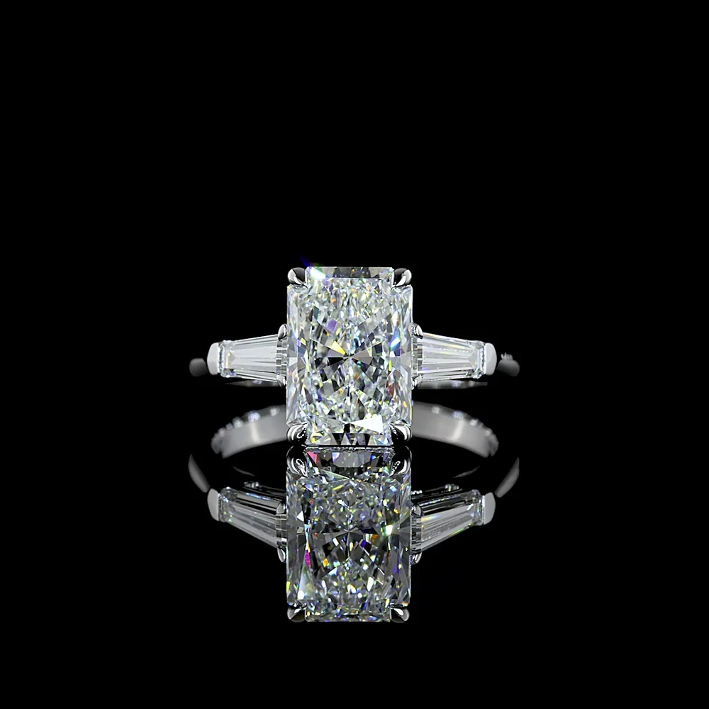 14K White Gold Three Stone Ring with 3.00 Carats Radiant Cut Lab Diamond and 0.55 Carats Tapered Baguette Side Stones - 3.55 Carats Total Diamond Weight - Covaloro Fine Jewelry