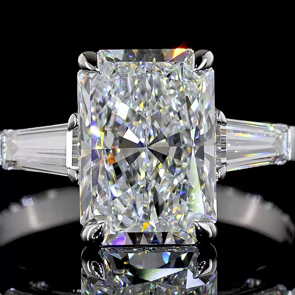 14K White Gold Three Stone Ring with 3.00 Carats Radiant Cut Lab Diamond and 0.55 Carats Tapered Baguette Side Stones - 3.55 Carats Total Diamond Weight - Covaloro Fine Jewelry - Image 2