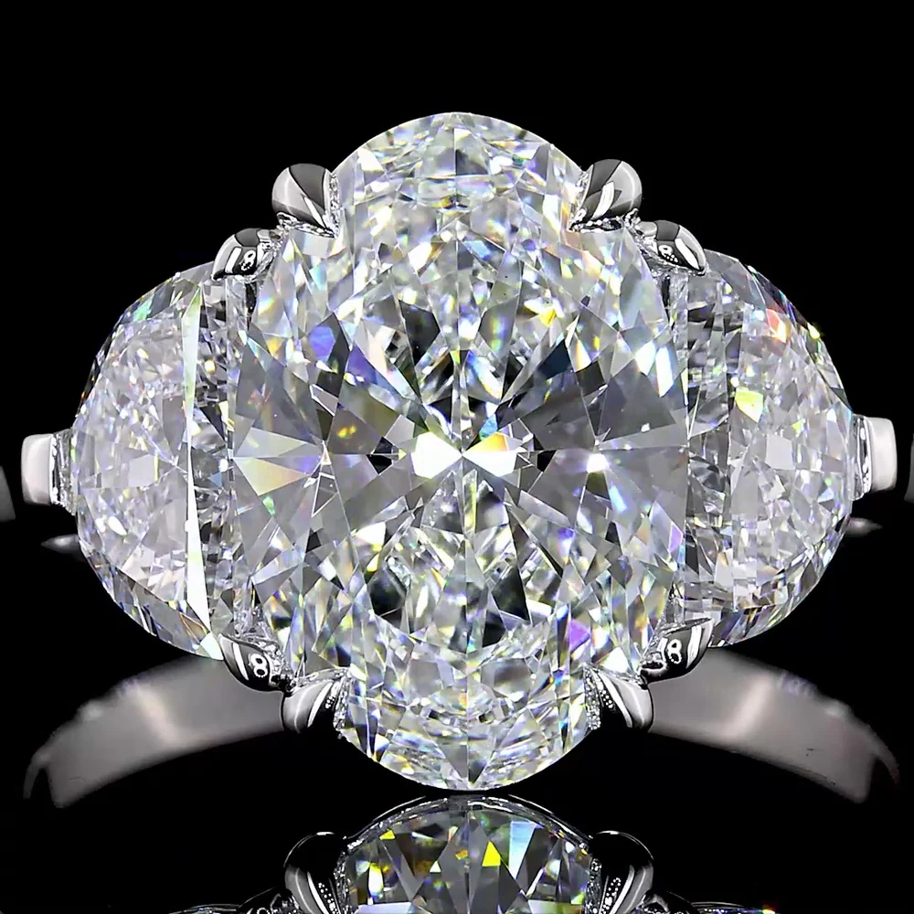 14K White Gold Three Stone Ring with 3.04 Carats Oval Cut Lab Diamond and 1.29 Carats Half-Moon Side Stones - 4.33 Carats Total Diamond Weight IGI Certified - Covaloro Fine Jewelry - Image 2