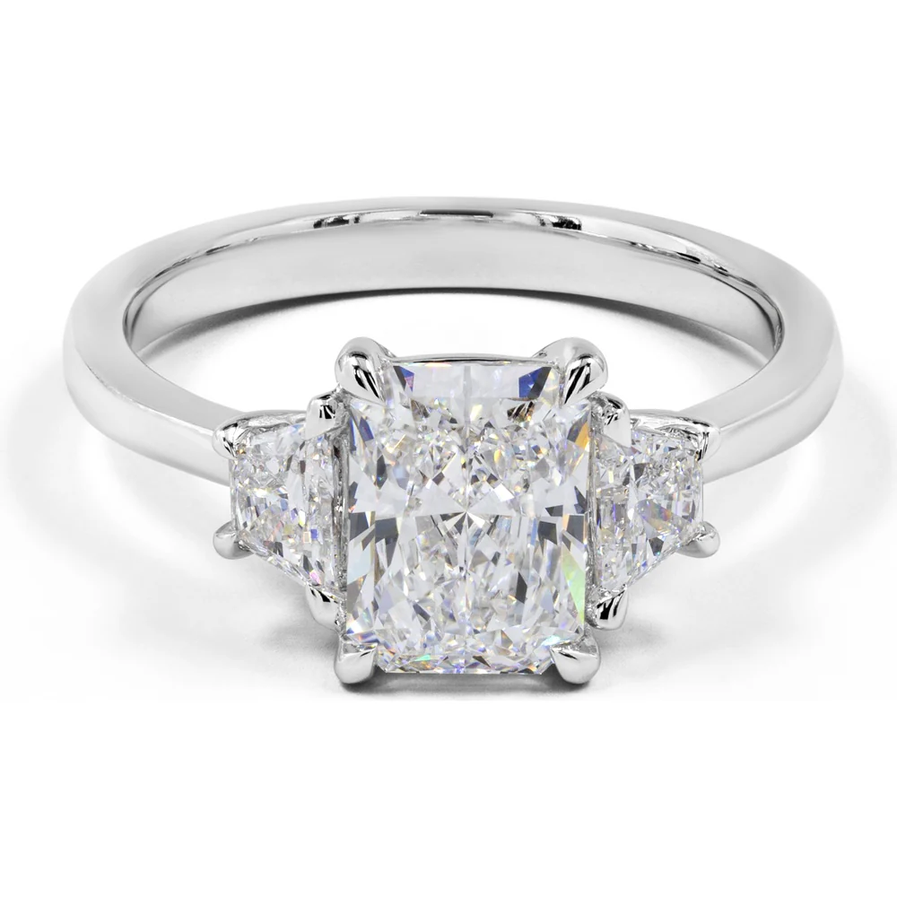 14K White Gold Three Stone Ring with 3.11 Carat Radiant Cut Lab Diamond and Half Moon Side Stones - 3.90 Carat Total Diamond Weight - Covaloro Fine Jewelry