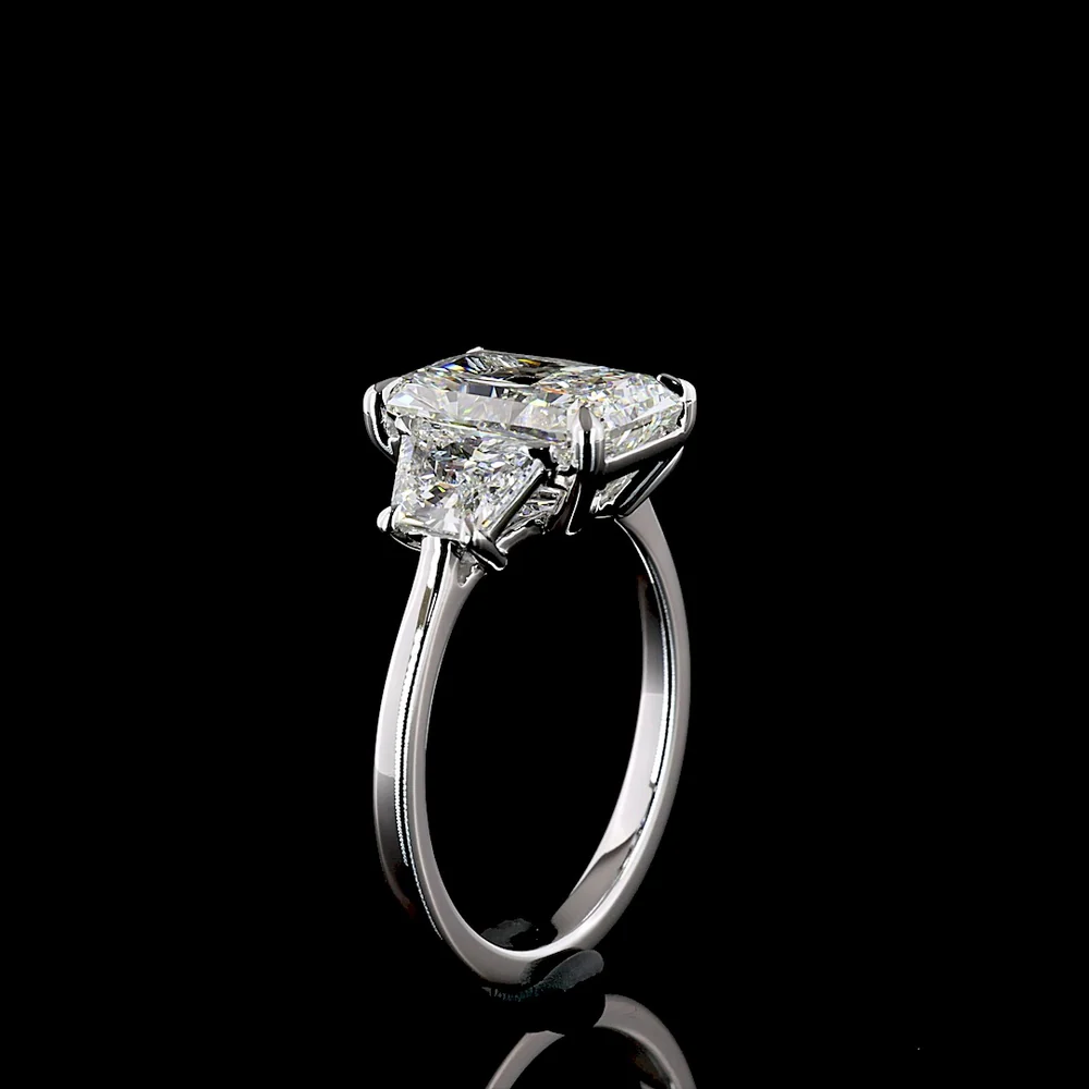 14K White Gold Three-Stone Ring with 3.13 Carat Radiant Cut Lab Diamond and Bullet Cut Side Stones - 4.19 Carat Total Weight - Covaloro Fine Jewelry - Image 4