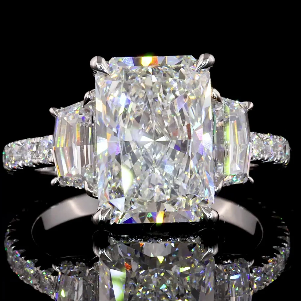 14K White Gold Three Stone Ring with 3.55 Carat Radiant Cut Lab Diamond, Cadillac Cut Side Stones, and Pavé Band - 4.77 Total Carat Weight - Covaloro Fine Jewelry - Image 2