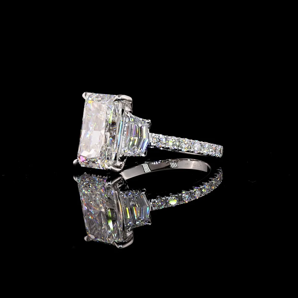 14K White Gold Three Stone Ring with 3.55 Carat Radiant Cut Lab Diamond, Cadillac Cut Side Stones, and Pavé Band - 4.77 Total Carat Weight - Covaloro Fine Jewelry - Image 3