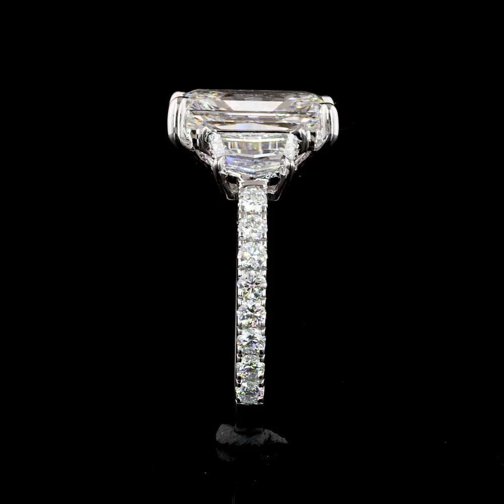 14K White Gold Three Stone Ring with 3.55 Carat Radiant Cut Lab Diamond, Cadillac Cut Side Stones, and Pavé Band - 4.77 Total Carat Weight - Covaloro Fine Jewelry - Image 4