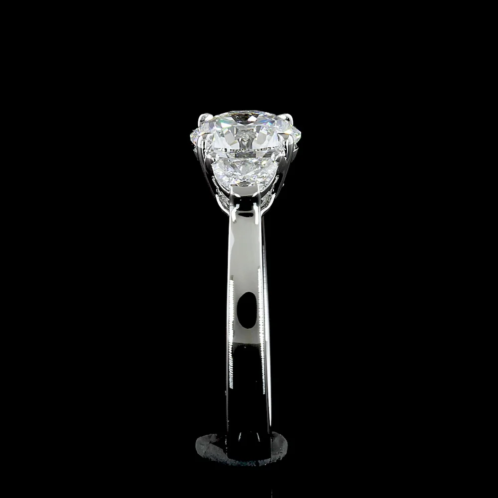 14K White Gold Three-Stone Ring with 4.07 Carat Round Brilliant Lab Diamond and 0.77 Carat Half-Moon Lab Diamonds - 4.84 Carat Total Weight - Covaloro Fine Jewelry - Image 4