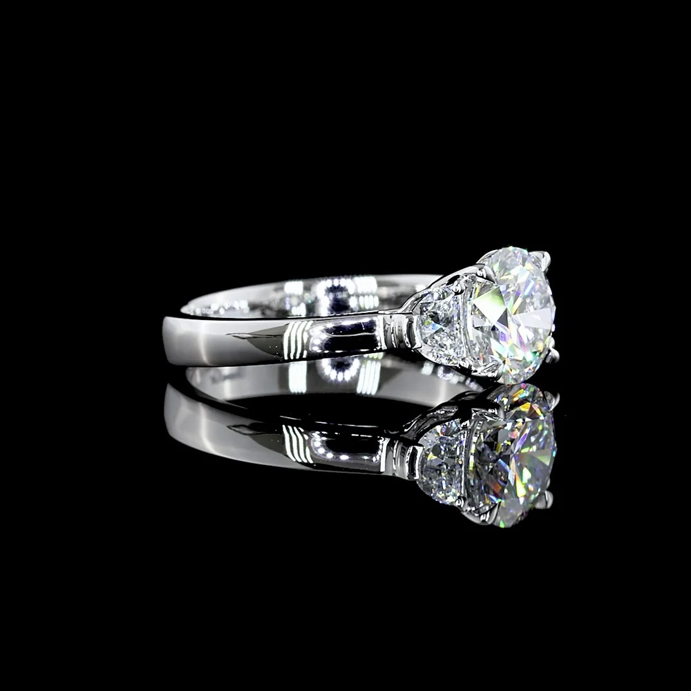 14K White Gold Three Stone Ring with 4.21 Carat Round Brilliant Cut Lab Diamond and 1.03 Carat Half-Moon Lab Diamonds - 5.24 Carat Total Diamond Weight - Covaloro Fine Jewelry - Image 3