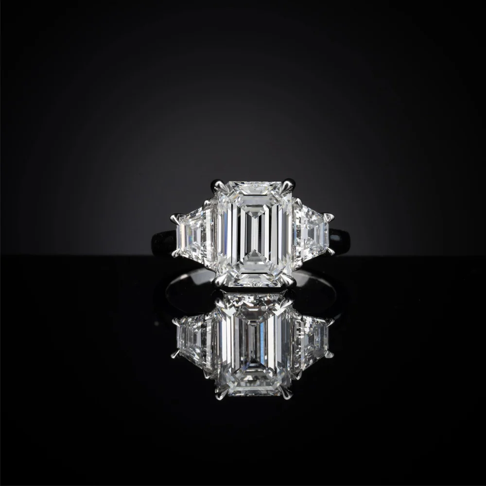 14K White Gold Three-Stone Ring with 5.08 Carats Emerald Cut Lab Diamond and 1.32 Carats Trapezoid Side Stones - 6.40 Carats Total Diamond Weight, GIA Certified - Covaloro Fine Jewelry