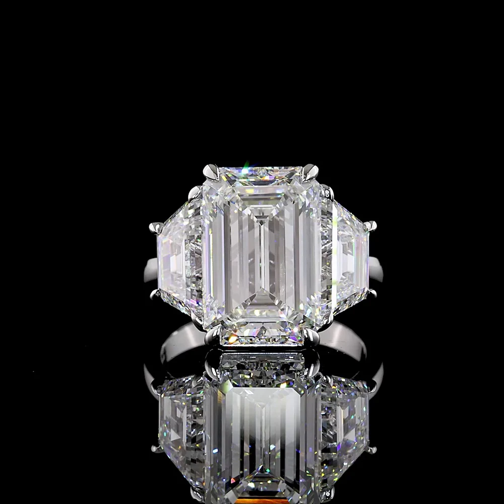 14K White Gold Three Stone Ring with 7.01 Carats Emerald Cut Lab Diamond and Trapezoid Side Stones - 10.08 Carats Total Diamond Weight - Covaloro Fine Jewelry