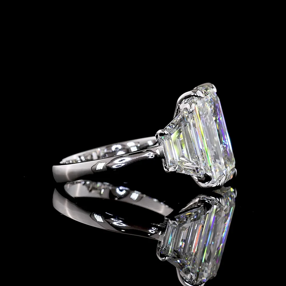 14K White Gold Three Stone Ring with 7.01 Carats Emerald Cut Lab Diamond and Trapezoid Side Stones - 10.08 Carats Total Diamond Weight - Covaloro Fine Jewelry - Image 2