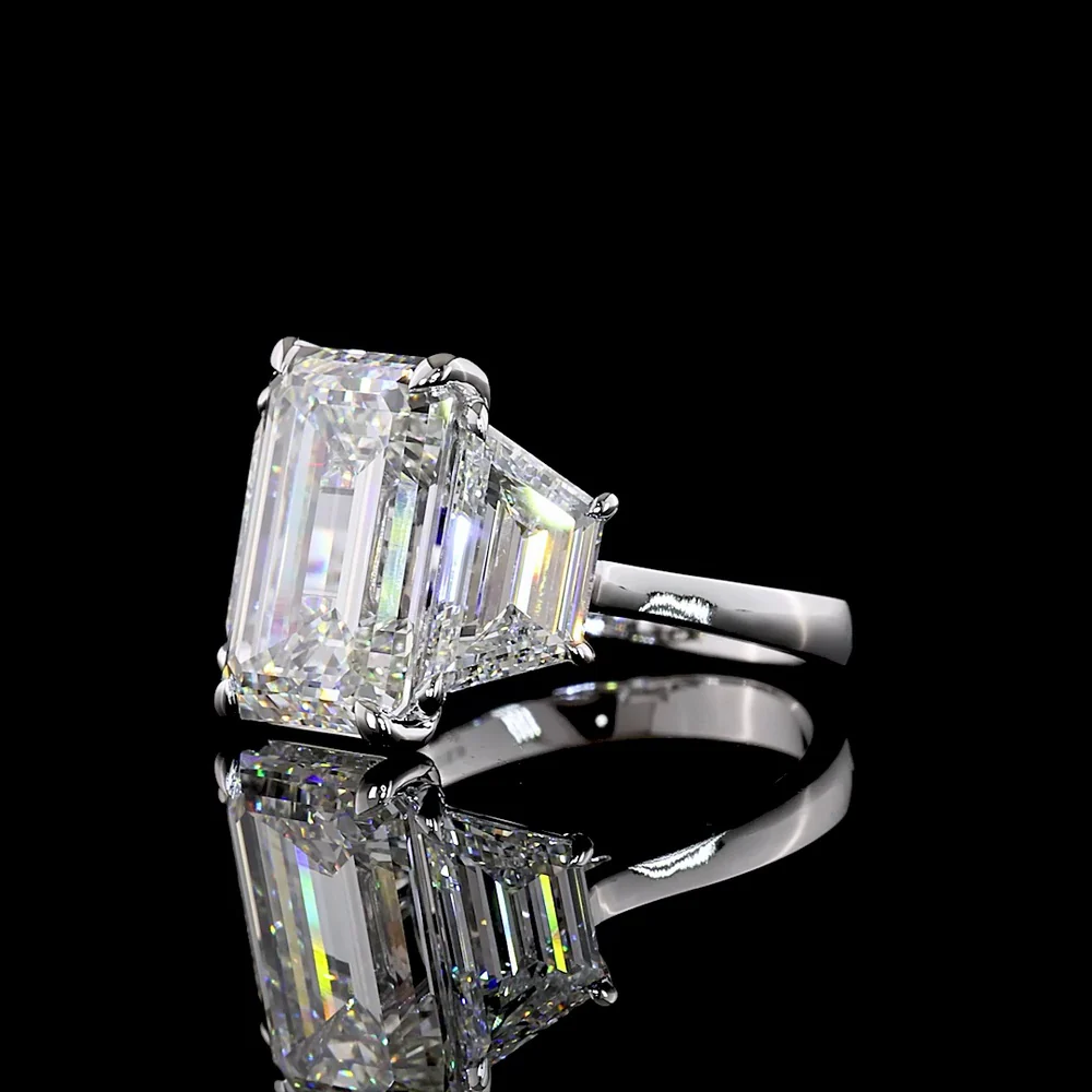 14K White Gold Three Stone Ring with 7.01 Carats Emerald Cut Lab Diamond and Trapezoid Side Stones - 10.08 Carats Total Diamond Weight - Covaloro Fine Jewelry - Image 3
