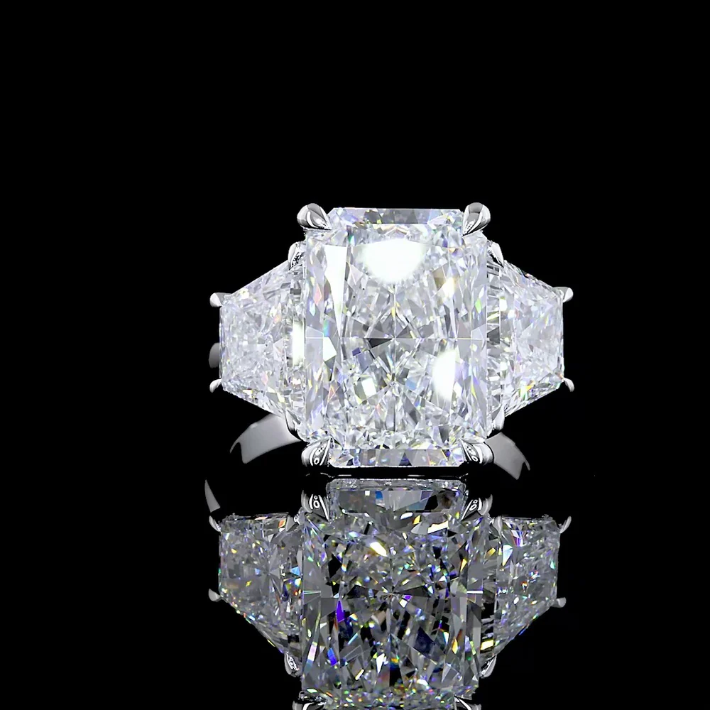 14K White Gold Three-Stone Ring with 7.27 Carat Radiant Cut Lab Diamond and Half Moon Side Stones - 10.38 Carat Total Diamond Weight - Covaloro Fine Jewelry