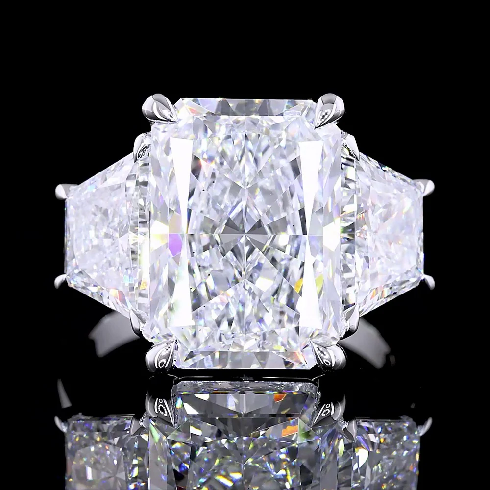 14K White Gold Three-Stone Ring with 7.27 Carat Radiant Cut Lab Diamond and Half Moon Side Stones - 10.38 Carat Total Diamond Weight - Covaloro Fine Jewelry - Image 2