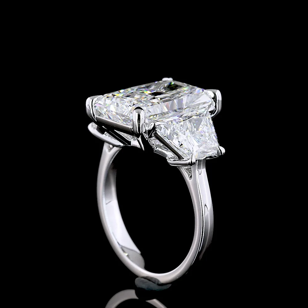 14K White Gold Three-Stone Ring with 7.27 Carat Radiant Cut Lab Diamond and Half Moon Side Stones - 10.38 Carat Total Diamond Weight - Covaloro Fine Jewelry - Image 3
