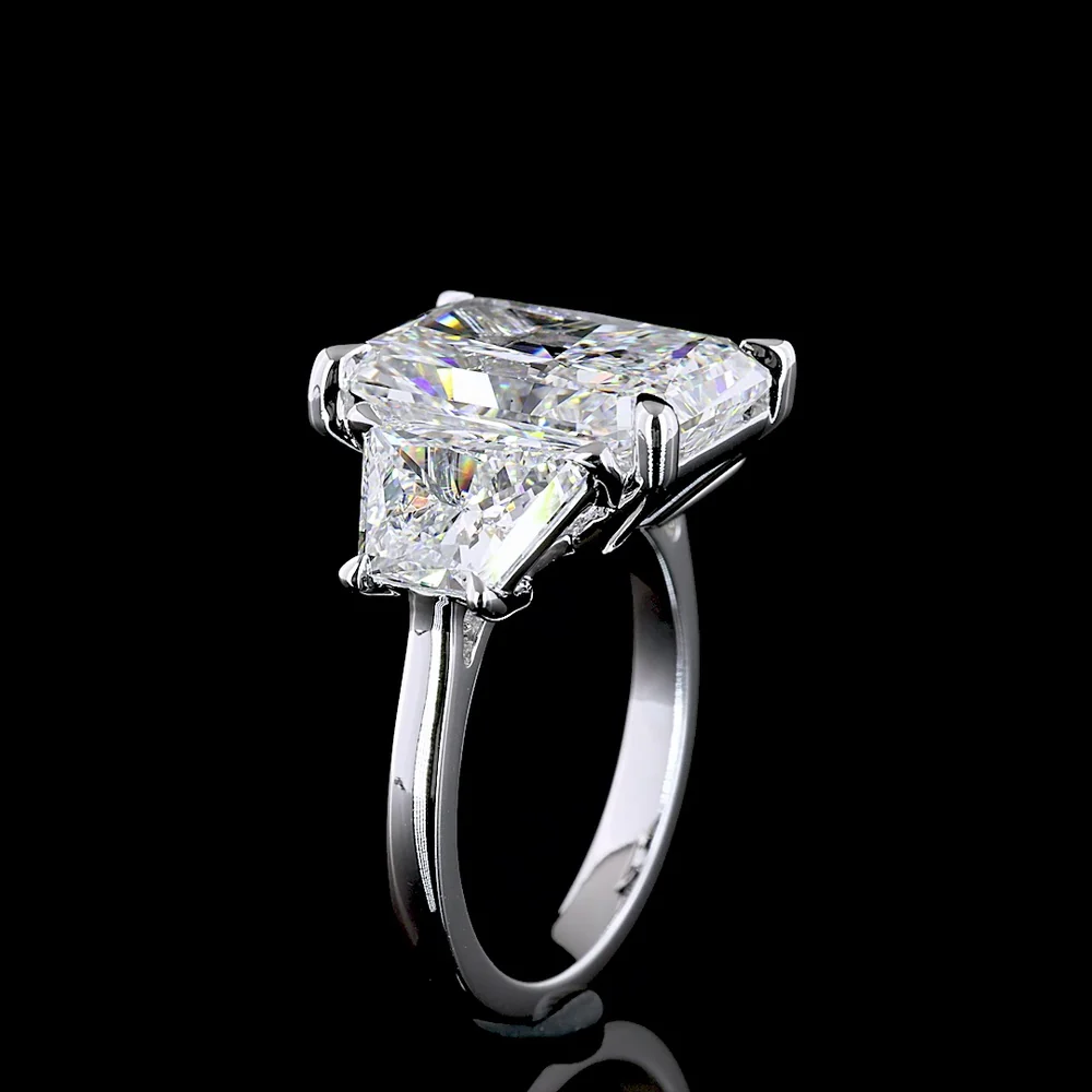 14K White Gold Three-Stone Ring with 7.27 Carat Radiant Cut Lab Diamond and Half Moon Side Stones - 10.38 Carat Total Diamond Weight - Covaloro Fine Jewelry - Image 4
