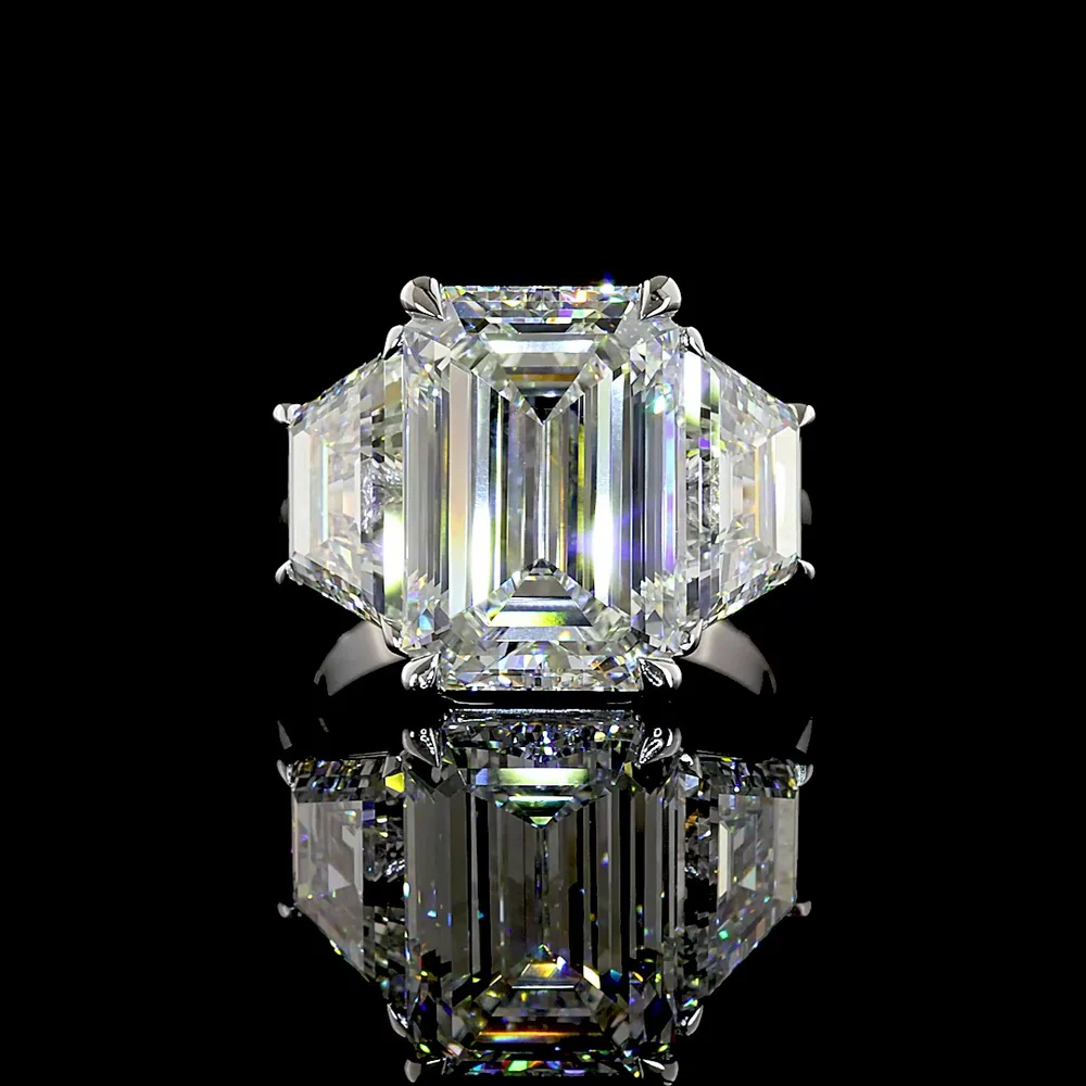 14K White Gold Three Stone Ring with 8.02 Carats Emerald Cut Lab Diamond and Trapezoid Side Stones - 12.07 Carats Total Diamond Weight - Covaloro Fine Jewelry