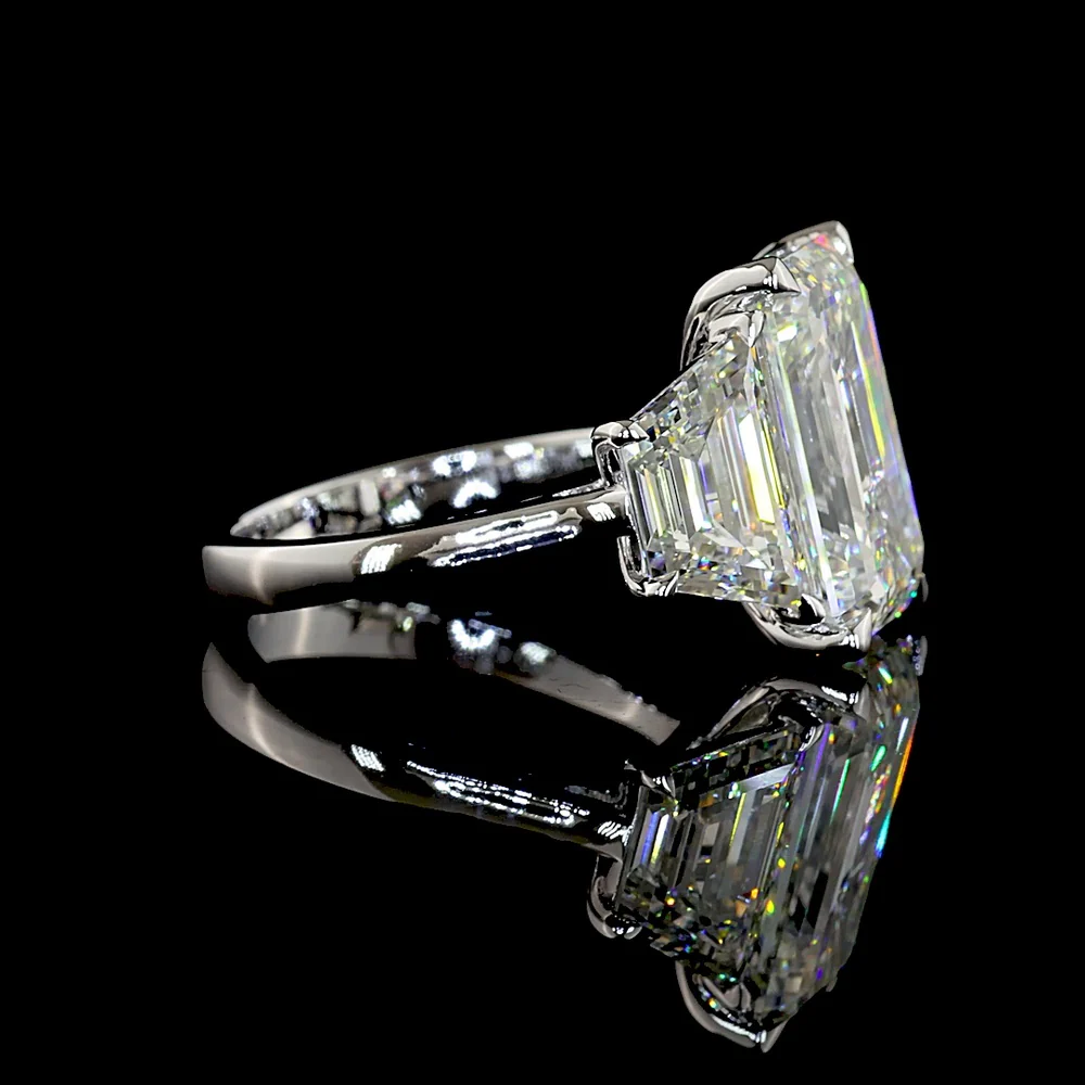 14K White Gold Three Stone Ring with 8.02 Carats Emerald Cut Lab Diamond and Trapezoid Side Stones - 12.07 Carats Total Diamond Weight - Covaloro Fine Jewelry - Image 2