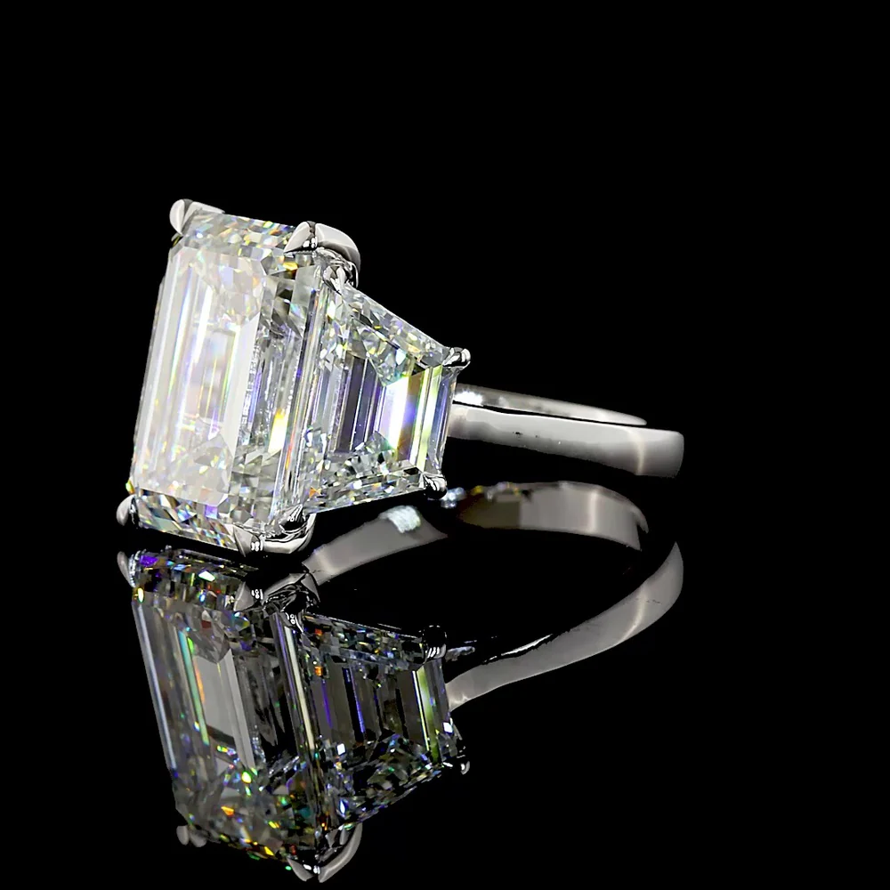 14K White Gold Three Stone Ring with 8.02 Carats Emerald Cut Lab Diamond and Trapezoid Side Stones - 12.07 Carats Total Diamond Weight - Covaloro Fine Jewelry - Image 3