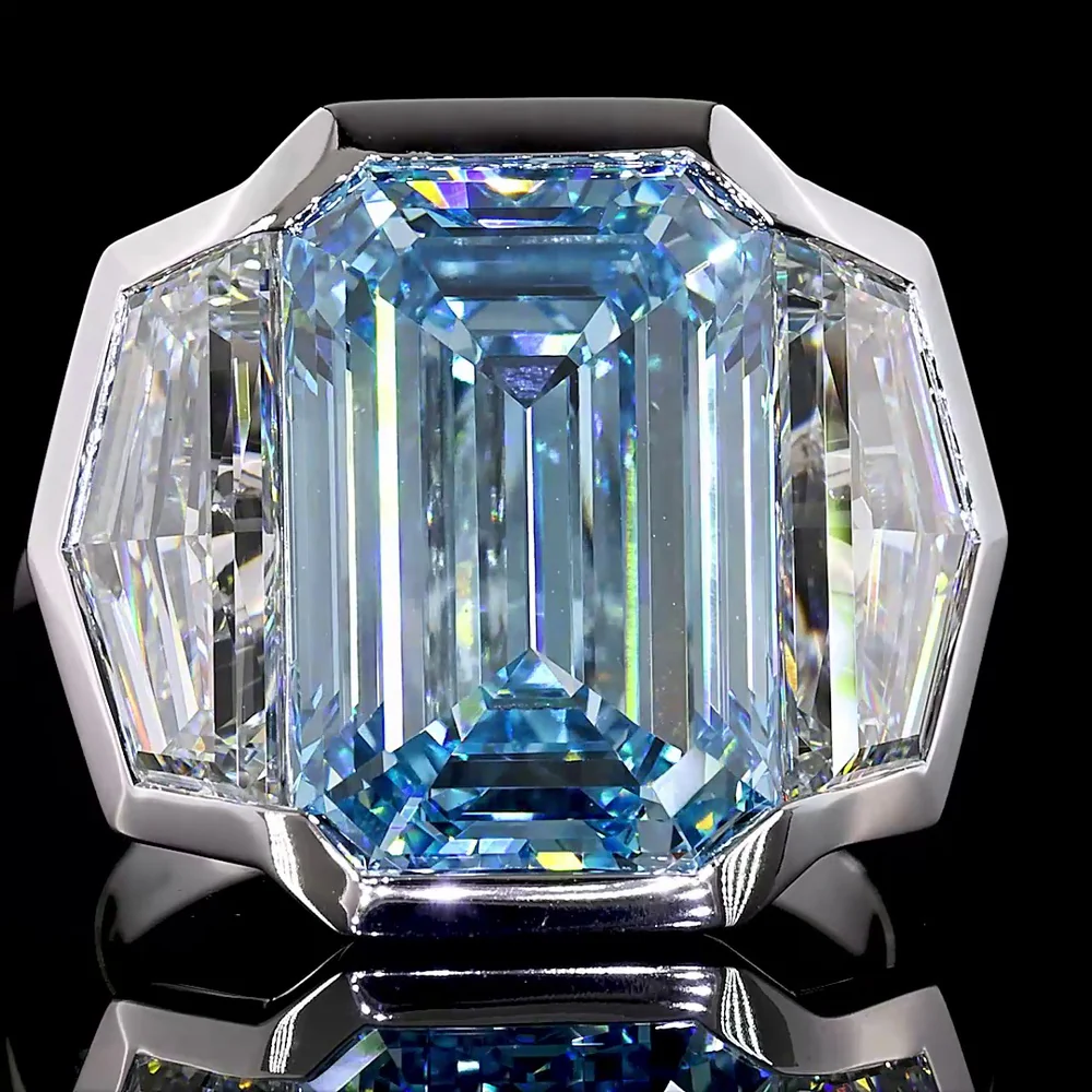 14K White Gold Three Stone Ring with 9.10 Carat Emerald Cut Fancy Vivid Blue Lab Diamond and Cadillac Cut Colorless Side Stones - 12.79 Carat Total Weight - Covaloro Fine Jewelry - Image 2