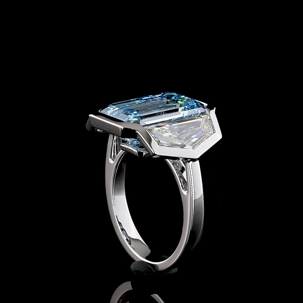 14K White Gold Three Stone Ring with 9.10 Carat Emerald Cut Fancy Vivid Blue Lab Diamond and Cadillac Cut Colorless Side Stones - 12.79 Carat Total Weight - Covaloro Fine Jewelry - Image 3