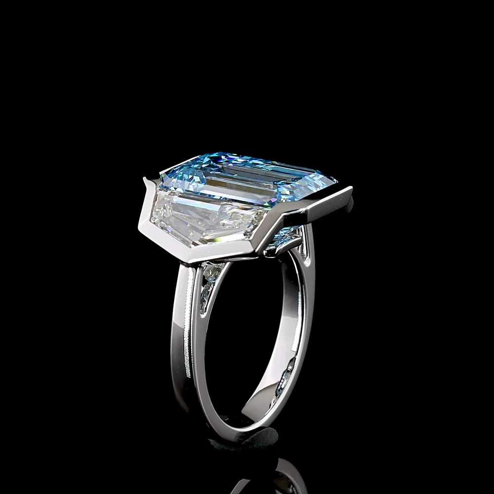 14K White Gold Three Stone Ring with 9.10 Carat Emerald Cut Fancy Vivid Blue Lab Diamond and Cadillac Cut Colorless Side Stones - 12.79 Carat Total Weight - Covaloro Fine Jewelry - Image 4