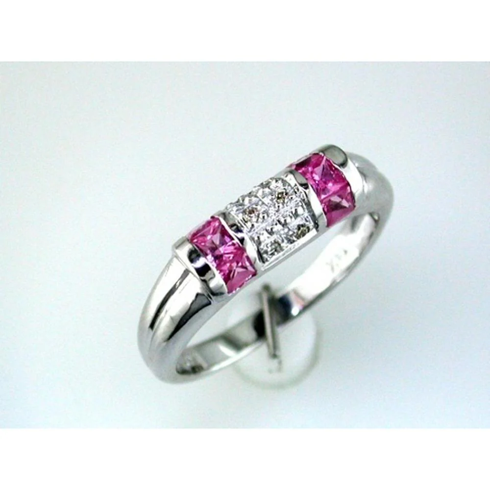14K White Gold Three-Stone Ring with Baguette Pink Sapphires (0.52ct) and Round Diamond Accents (0.03ct) - Royal Jewelry