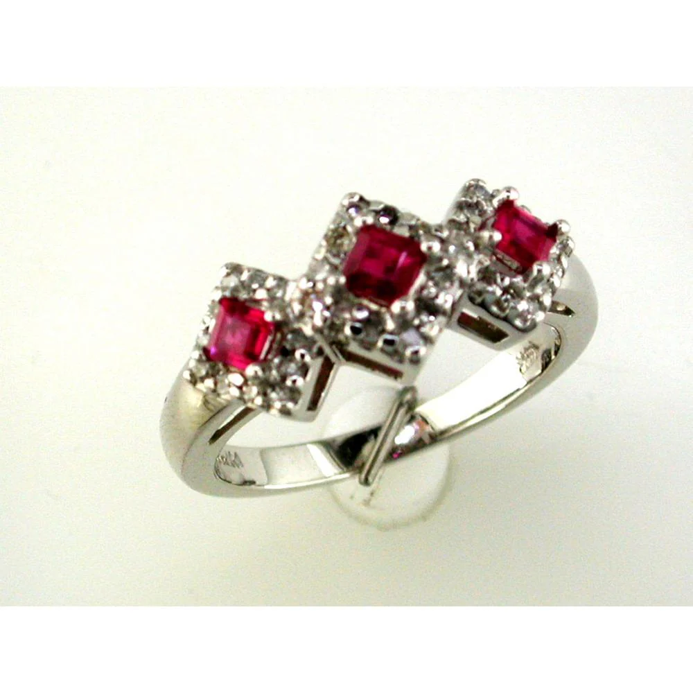 14K White Gold Three-Stone Ring with Princess Cut Rubies and Round Diamonds - 0.80 Carats Total Gem Weight - Royal Jewelry