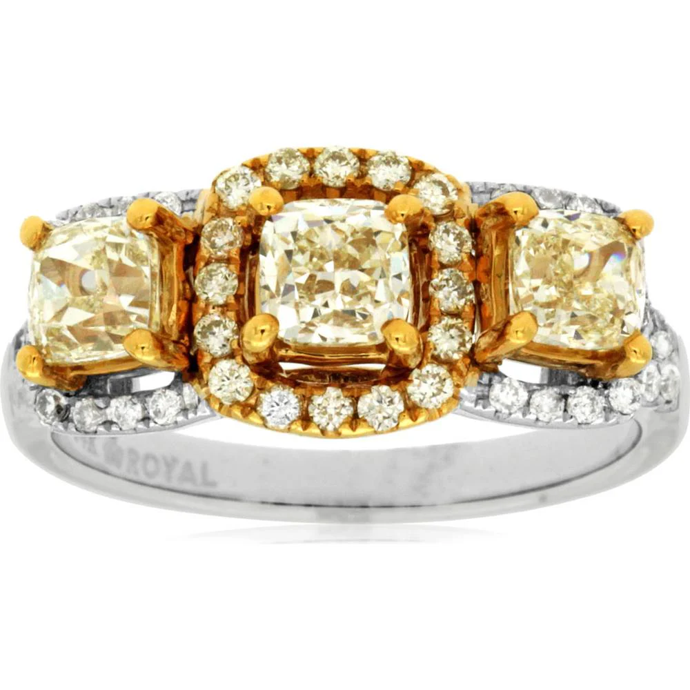 14K White Gold Three-Stone Yellow Diamond Ring with Cushion Cut Center, Halo and Pavé Band - 1.70 Total Carat Weight - Royal Jewelry