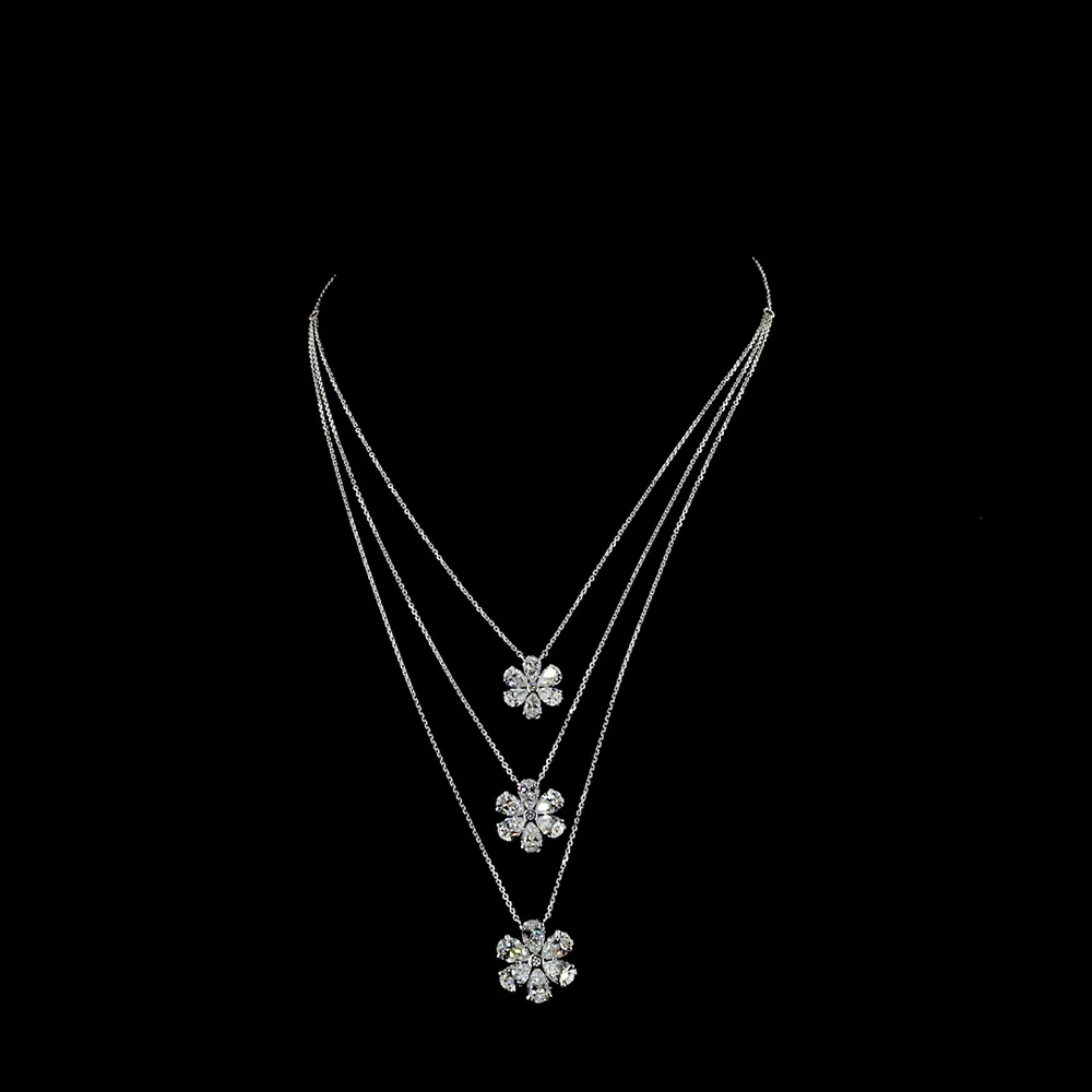 14K White Gold Three-Tier Graduating Flower Pendant Necklace with Pear and Round Lab Grown Diamonds - 9.33 Carats Total Diamond Weight - Covaloro Fine Jewelry