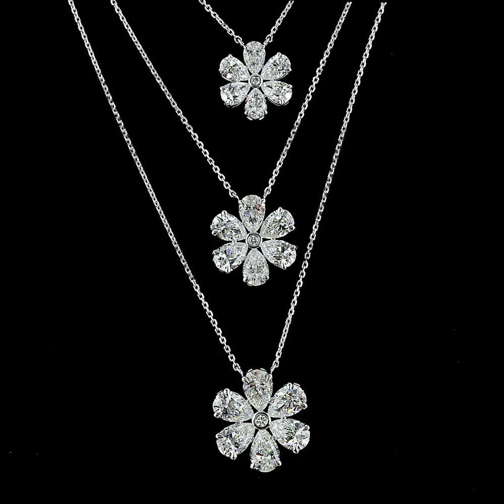 14K White Gold Three-Tier Graduating Flower Pendant Necklace with Pear and Round Lab Grown Diamonds - 9.33 Carats Total Diamond Weight - Covaloro Fine Jewelry - Image 2
