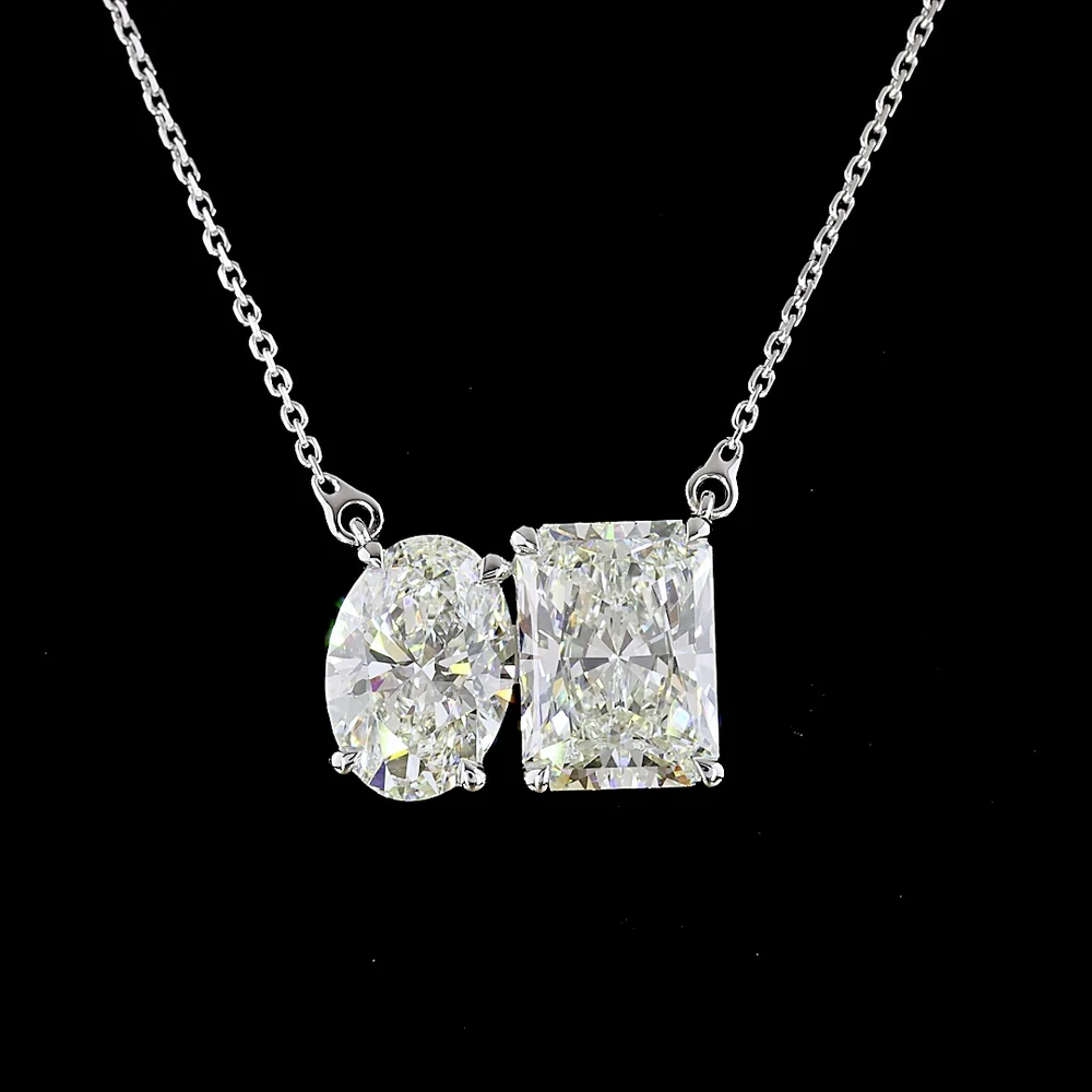 14K White Gold Toi et Moi Pendant with Radiant and Oval Cut Lab Diamonds - 5.78 Carats Total Diamond Weight - Covaloro Fine Jewelry - Image 2